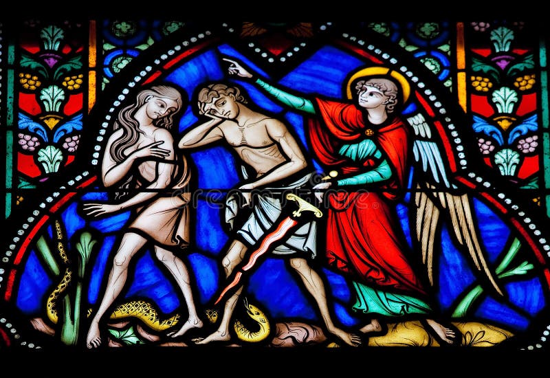 Adam and Eve expelled from the Garden of Eden on a stained glass window in the cathedral of Brussels, Belgium. Adam and Eve expelled from the Garden of Eden on a stained glass window in the cathedral of Brussels, Belgium.