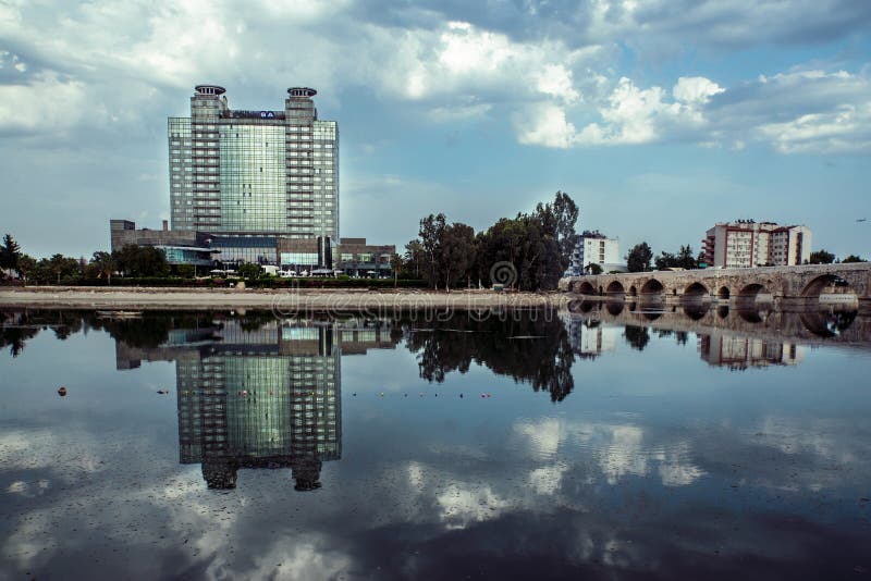 Adana Hilton Hotel and Seyhan Old Bridge landscape near by Seyhan River in the southern city of Adana in Turkey country. 05/03/201