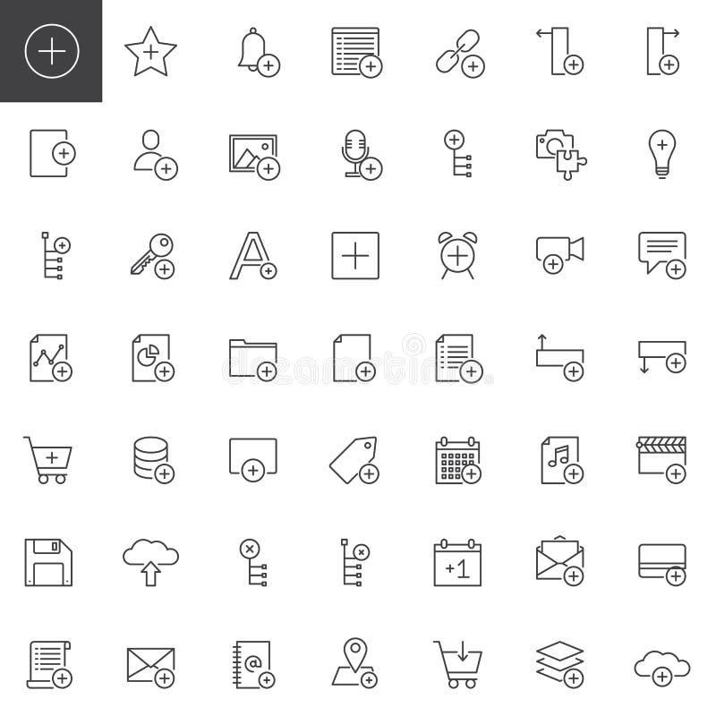 Add applications with plus sign line icons set vector illustration