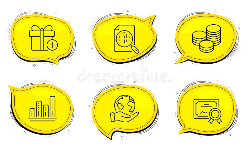 Add gift, Graph chart and Tips icons set. Analytics chart sign. Present box, Growth report, Cash coins. Vector royalty free illustration