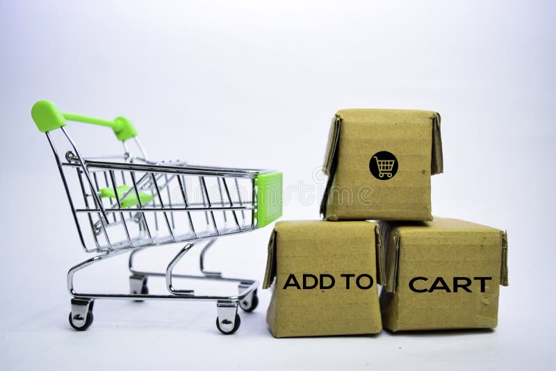 Add To Cart Text in small boxes and shopping cart. Concepts about online shopping. Isolated on white background stock images Add To Cart Text in small boxes and shopping cart. Concepts about online shopping. Isolated on white background stock images