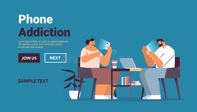 Addicted businesspeople couple using digital gadgets business people active in social networks digital addiction stock illustration