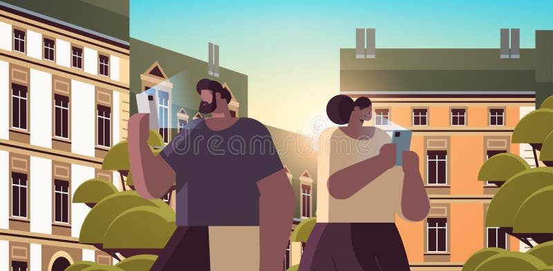 Addicted couple using digital gadgets african american man woman active in social networks digital addiction concept stock illustration