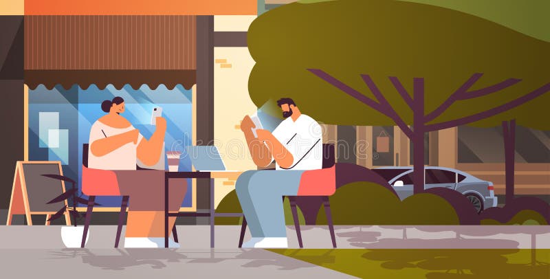 Addicted couple using digital gadgets man woman active in social networks digital addiction concept vector illustration