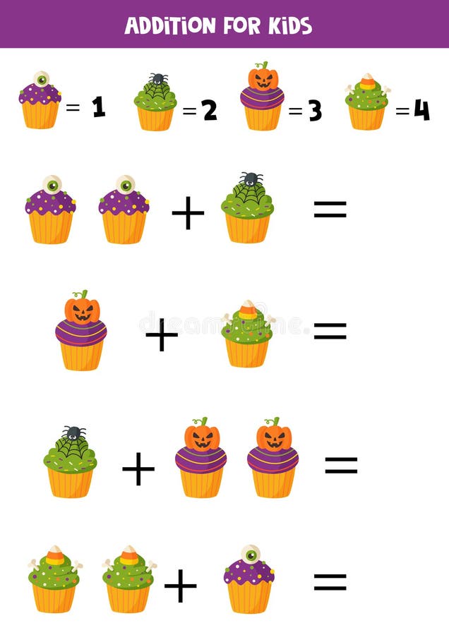 Addition With Funny Halloween Cupcakes. Math Games. Stock Vector - Illustration Of Algebra, Educational: 193216651