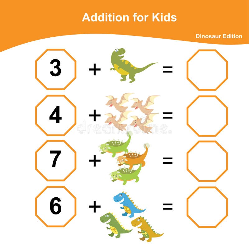 addition math game worksheet dinosaur edition stock vector illustration of dinosaur education 232334580