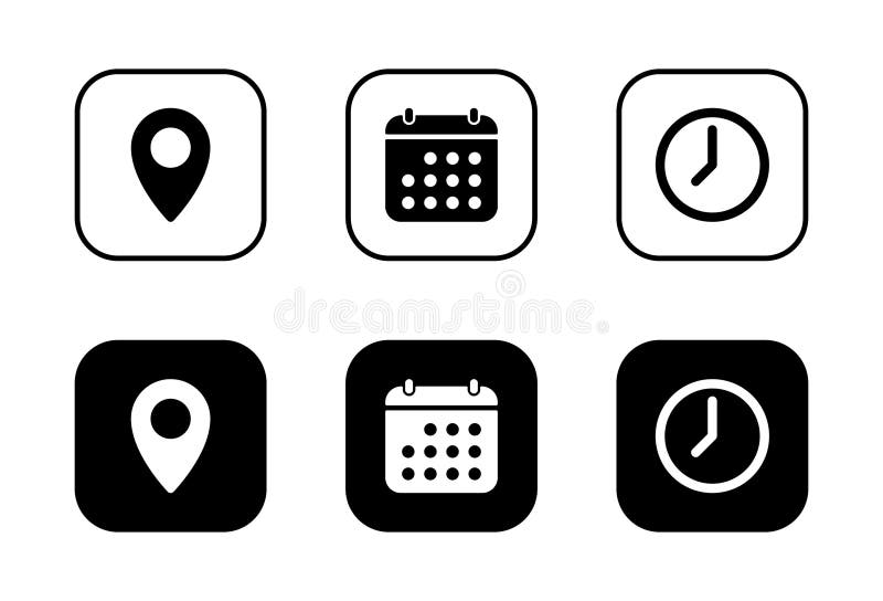 Address, date, and time icon on black square. Location marker, calendar, and clock sign symbol royalty free illustration