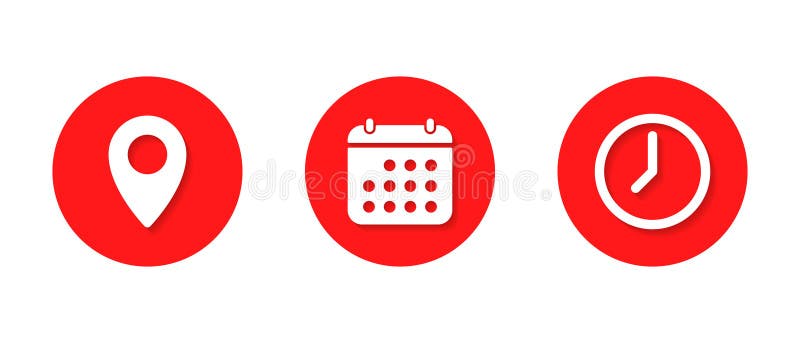 Address, date, and time icon with shadow. Location, calendar, and clock sign symbol vector illustration