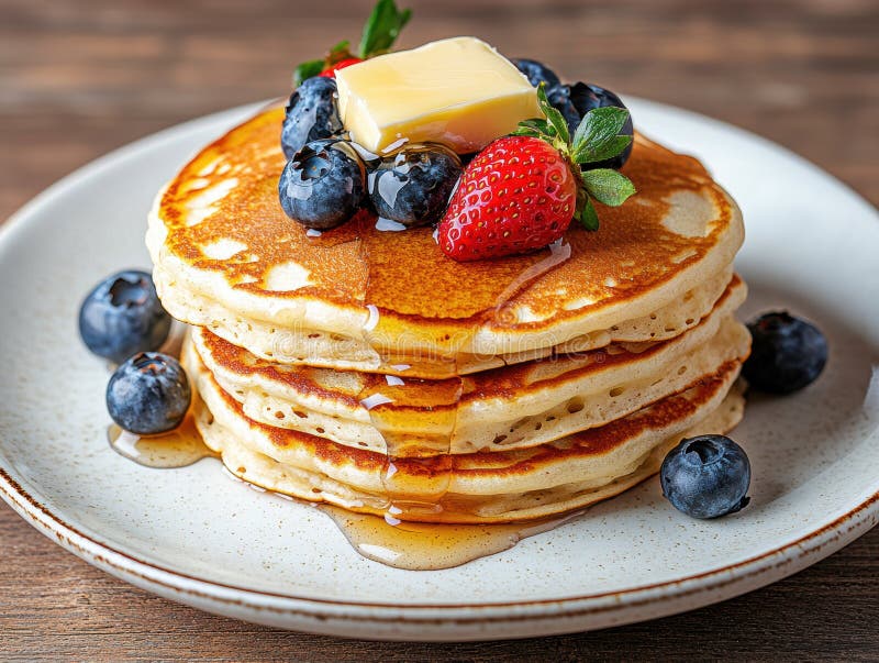Adekvat skorsten av fluffy pancakes med färska bär och smör vektor illustrationer