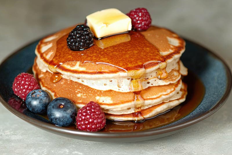 Adekvat skorsten av fluffy pancakes med färska bär och smör royaltyfri illustrationer
