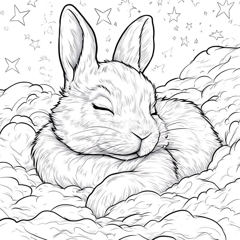 Adekvat sovbunny i Fluffy Clouds Black and White Illustration stock illustrationer