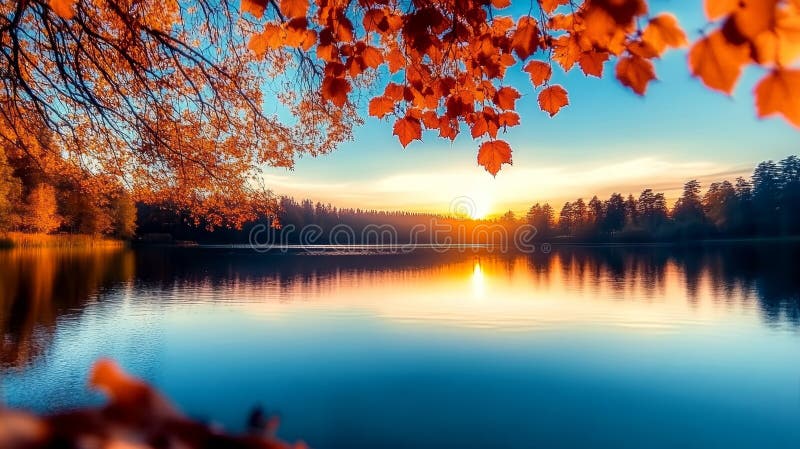 Ademhalend najaar Lakeside View at Sunset with Vibrant Orange Foliage and Tranquil Reflection vector illustratie