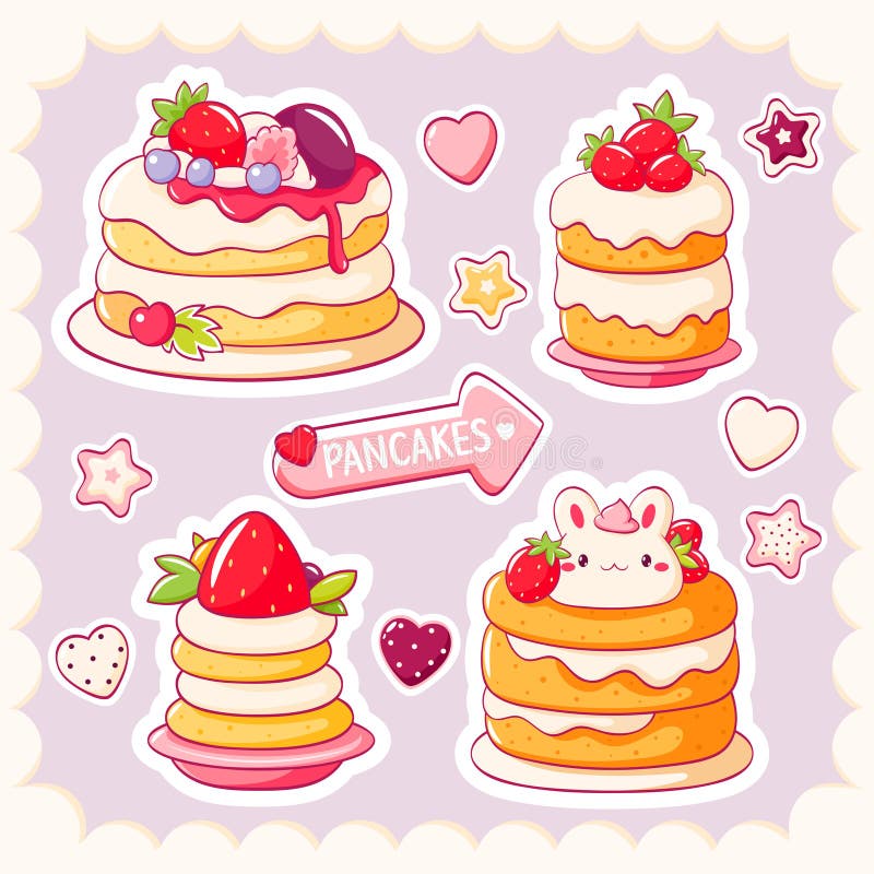 Adesivi con dolce in stile kawaii. pancake con panna montata e fragola. può essere utilizzato per la maglietta royalty illustrazione gratis