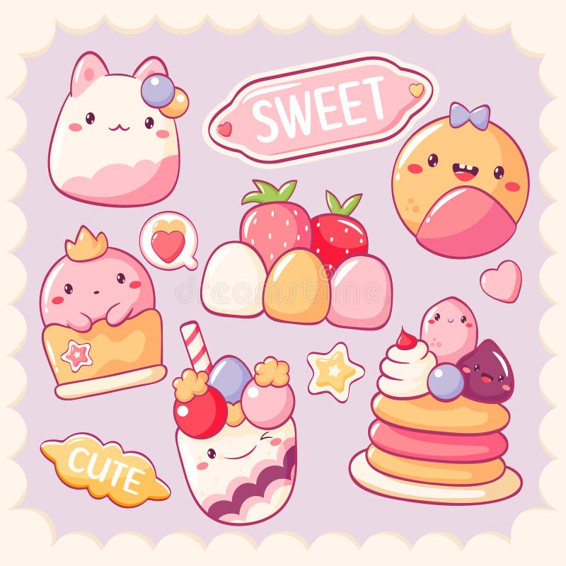 Adesivi con dolce in stile kawaii. tortina di muffin con panna montata e fragole. iscrizione carina royalty illustrazione gratis