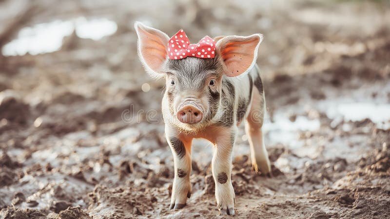 Adful piglet med rött polka-pricksött husdjur i rött och lekfullt smågrisar utomhus på landsbygden royaltyfri illustrationer