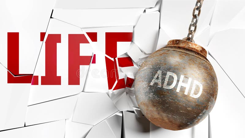 Adhd e la vita - nella foto come una parola Adhd e una palla di rottame per simboleggiare che Adhd può avere effetti negativi e p