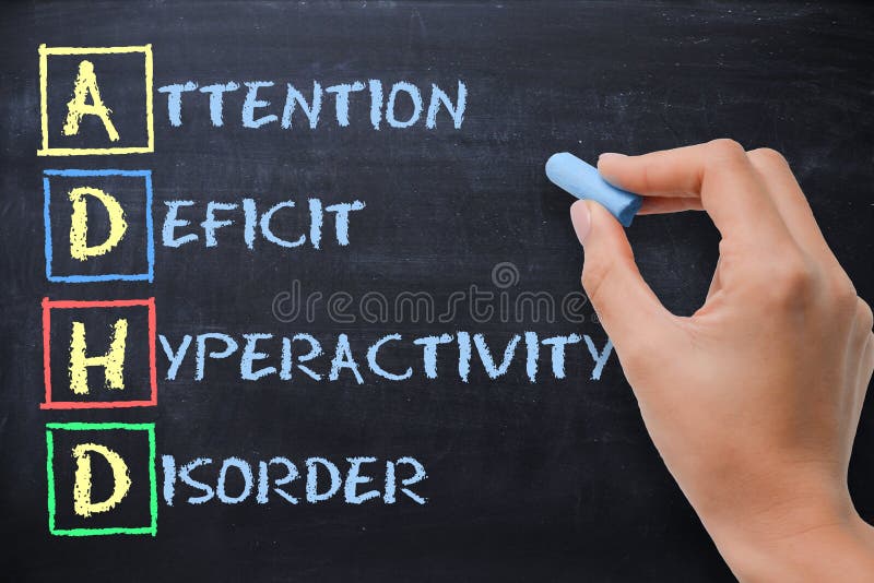 ADHD â€“ attention deficit hyperactivity disorder handwritten by woman on blackboard