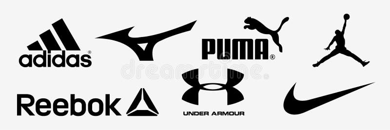 Adidas Nike Reebok Mizuno Jordan Puma Bajo Los Logotipos De Armadura Equipo Deportivo Y Compañía De Ropa Deportiva. Kyiv Ucrani Foto de archivo editorial - Ilustración de balompié: 208434993