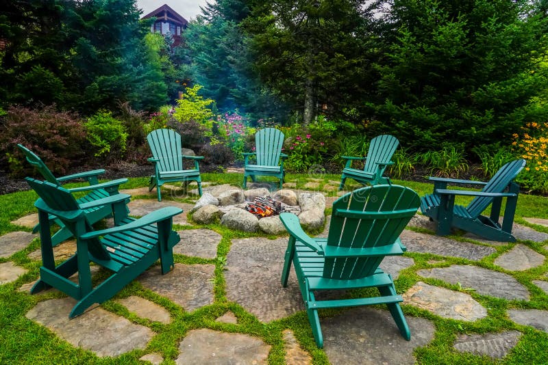 Adirondack Chairs Around Fire Pit Stock Image Image of deck