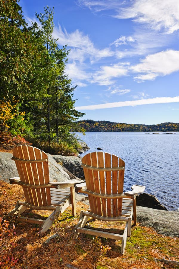 Adirondack chairs at lake shore