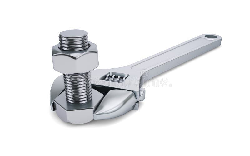 Adjustable wrench and bolt on white background. 3d rendering