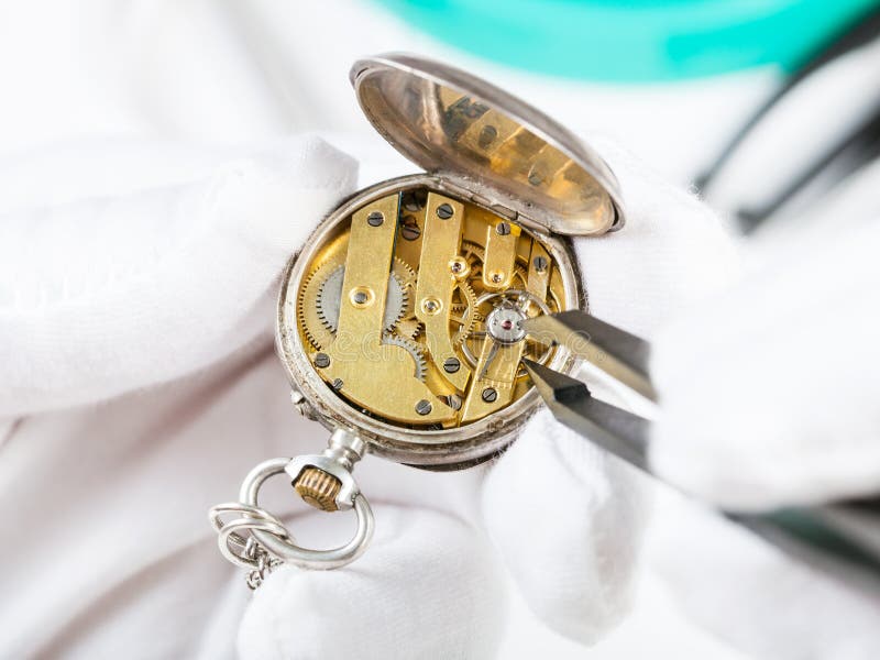 Adjusting of Old Pocket Watch by Tweezers Close Up Stock Image Image of gearing, adjusting