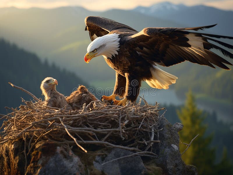Adler brachte Essen in Nest auf Berghang. generierte ai