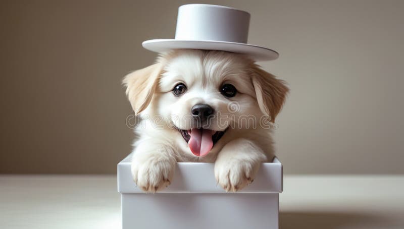 Adlig Golden Retriever Puppy med en vit hatt inuti en vit box stock illustrationer