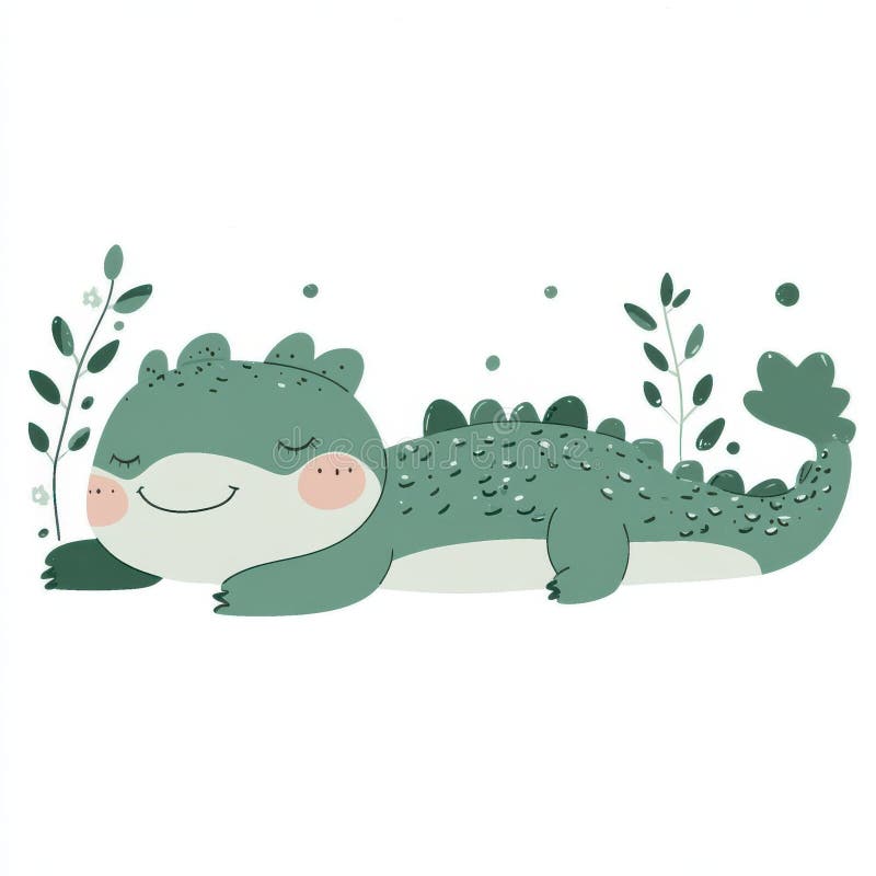 Admatande sömndinosauer omgiven av blad illustrerar söt grön reptilkonst stock illustrationer