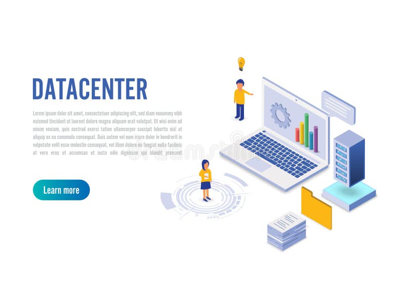Administrador de conexión de centro de datos de internet del concepto de alojamiento web. carácter y texto para servicios. hardwar stock de ilustración