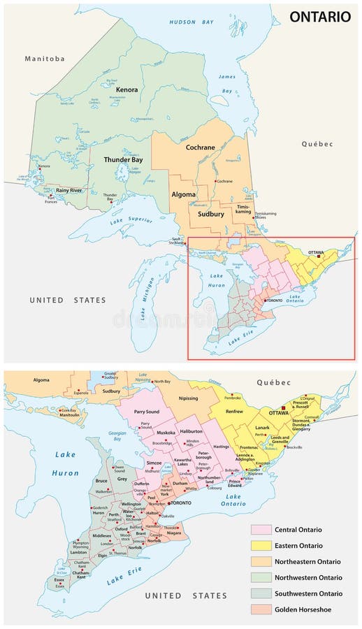 Administrativ översikt av regionerna i det Kanada s landskapet av Ontario royaltyfri illustrationer Administrativ översikt av regionerna i det Kanada s landskapet av Ontario royaltyfri illustrationer