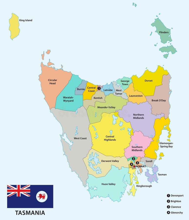 Administrative and political map of the 29 Local government areas of Tasmania with flag, Australia stock illustration Administrative and political map of the 29 Local government areas of Tasmania with flag, Australia stock illustration