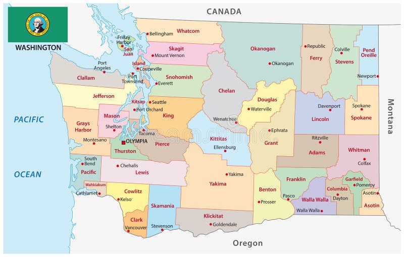 Administrative and Political Map of the US State of Washington with