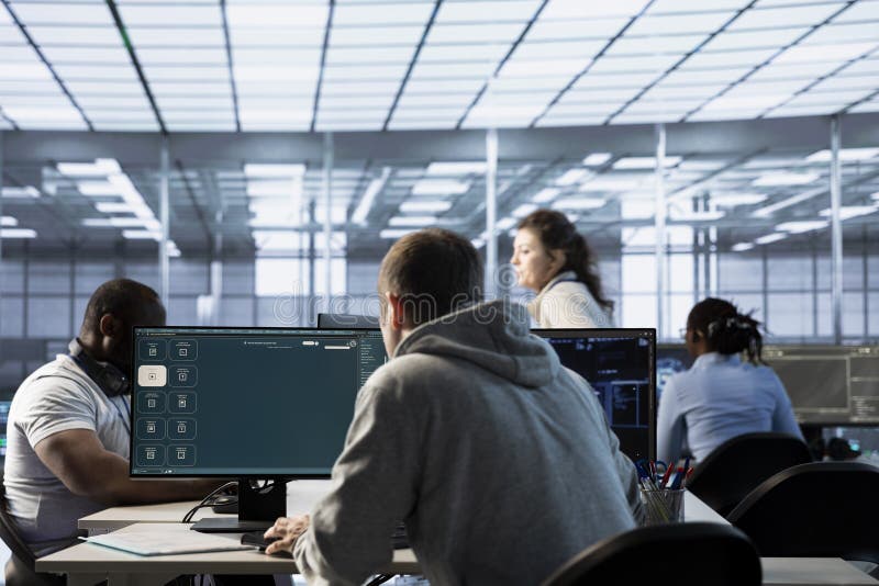 Administrator im Rechenzentrum codiert AI LLM Chatbot-Software des virtuellen Assistenten stockfoto