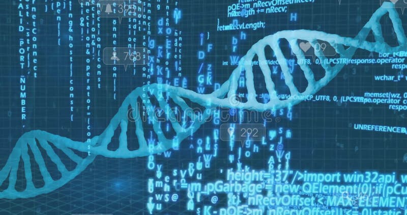 ADN 3D à double hélice, torsion en diagonale, avec flux de code flottants et icônes d'interface utilisateur banque de vidéos