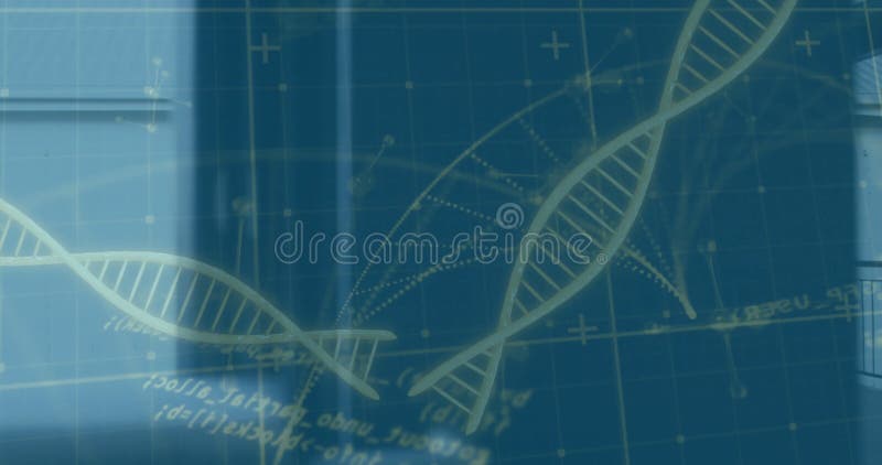 ADN à double hélice flottant dans un laboratoire scientifique affichant des lignes moléculaires pointillées et des formules banque de vidéos
