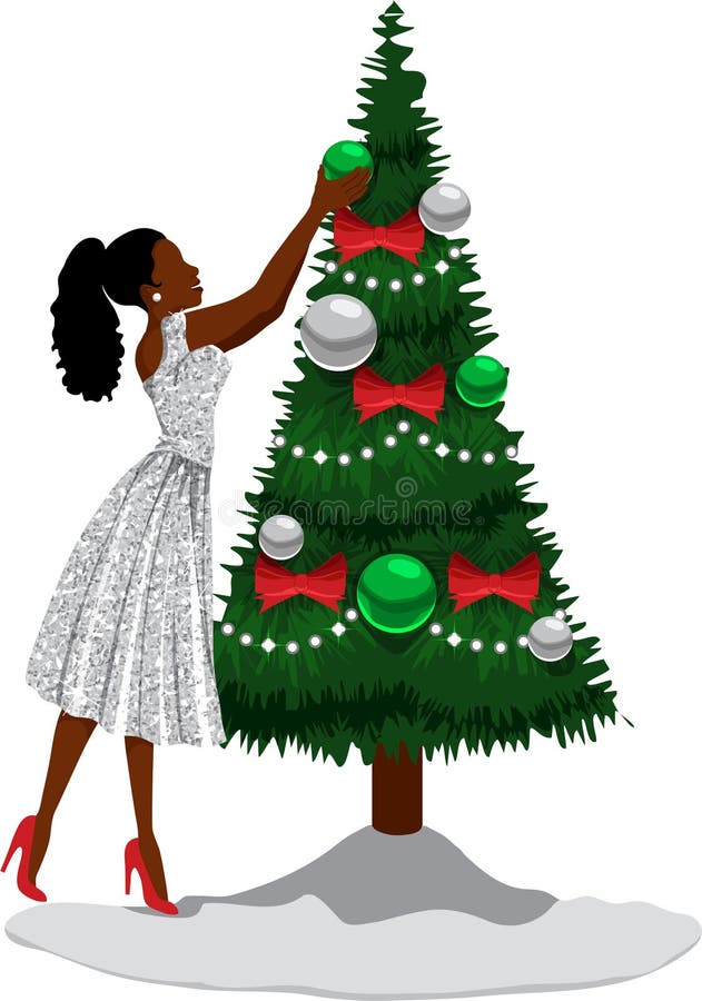 A Black woman in a glitter white sparkling party dress decorates a Christmas tree. A Black woman in a glitter white sparkling party dress decorates a Christmas tree