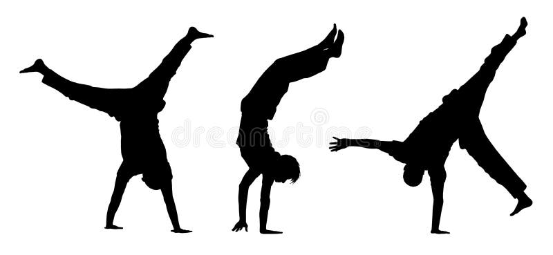 3 black silhouettes of teens walking on their hands and making acrobatic figures. 3 black silhouettes of teens walking on their hands and making acrobatic figures