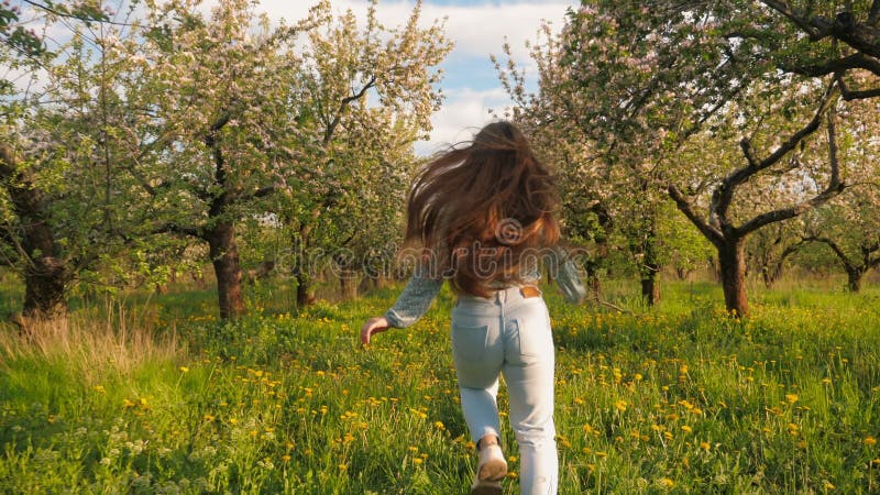 Adolescente active en train de courir à travers le verger de pommiers en fleurs banque de vidéos