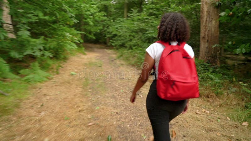 Adolescente afro-américaine métisse fille jeune femme randonnée avec sac à dos rouge dans une forêt banque de vidéos