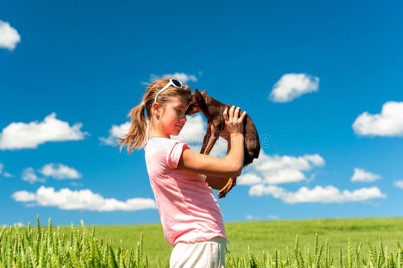 Adolescente alegre joven en campo de trigo con su perro preferido fotografía de archivo libre de regalías Adolescente alegre joven en campo de trigo con su perro preferido fotografía de archivo libre de regalías