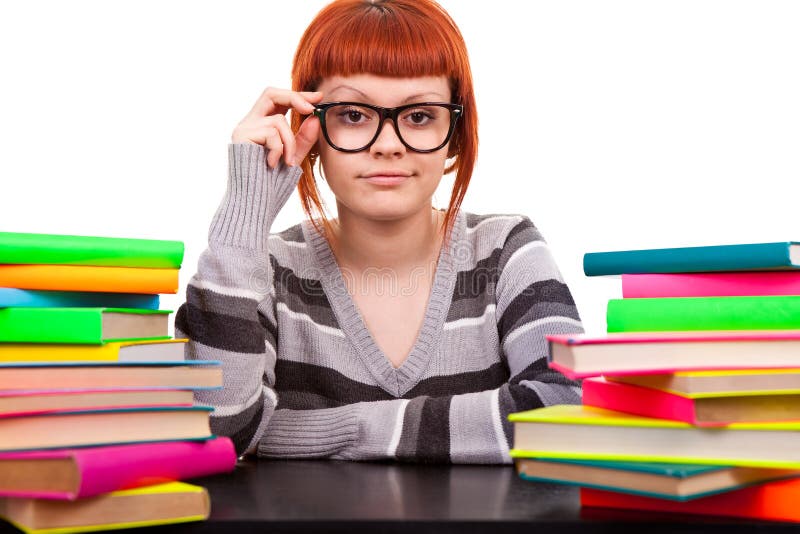 Young woman, teenager with glasses and books. Young woman, teenager with glasses and books
