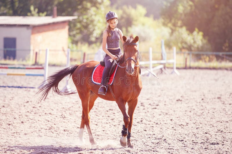 Adolescente joven que monta su caballo en el entrenamiento fotografía de archivo Adolescente joven que monta su caballo en el entrenamiento fotografía de archivo