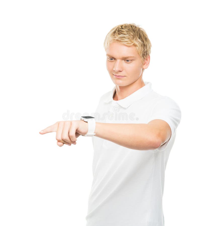 Young and handsome teenage boy pushing an imaginary and invisible button isolated on white. Young and handsome teenage boy pushing an imaginary and invisible button isolated on white