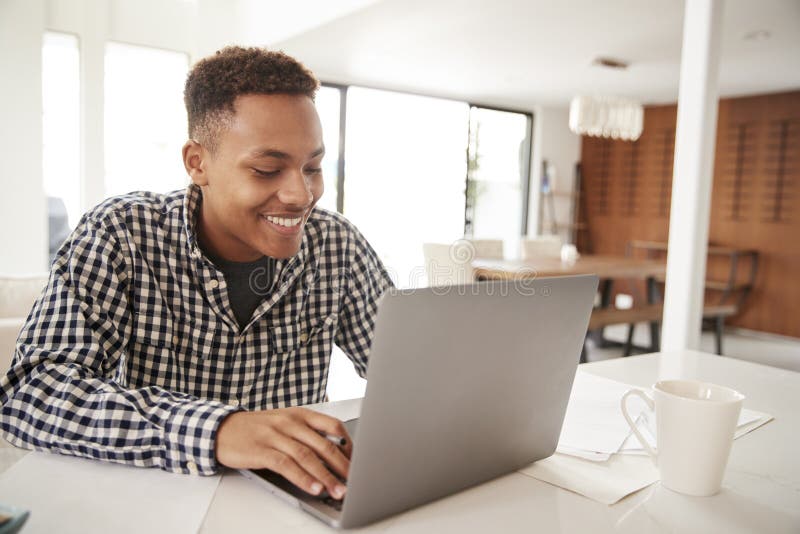 Adolescente masculino afroamericano sonriente que usa un ordenador portátil en casa