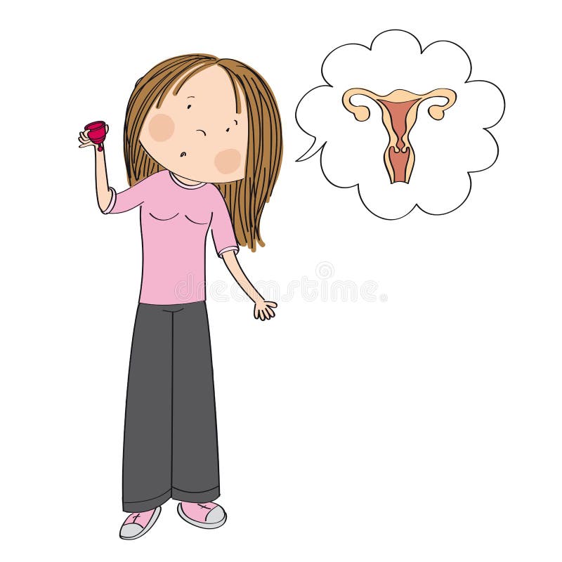 Adolescente o mujer joven sorprendido que sostiene la taza menstrual ilustración del vector Adolescente o mujer joven sorprendido que sostiene la taza menstrual ilustración del vector