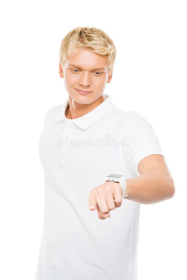 Young and handsome teenage boy pushing an imaginary and invisible button isolated on white. Young and handsome teenage boy pushing an imaginary and invisible button isolated on white.