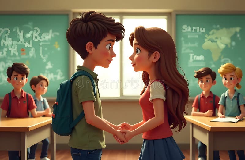 Adolescentes comparten un momento romántico en un aula llena de compañeros de clase durante una soleada jornada escolar imagen de archivo