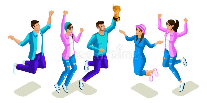 Adolescenti di Isometrics che saltano, progettazione luminosa, generazione Z, ragazze fresche e ragazzi, la gente, telefoni, agge royalty illustrazione gratis