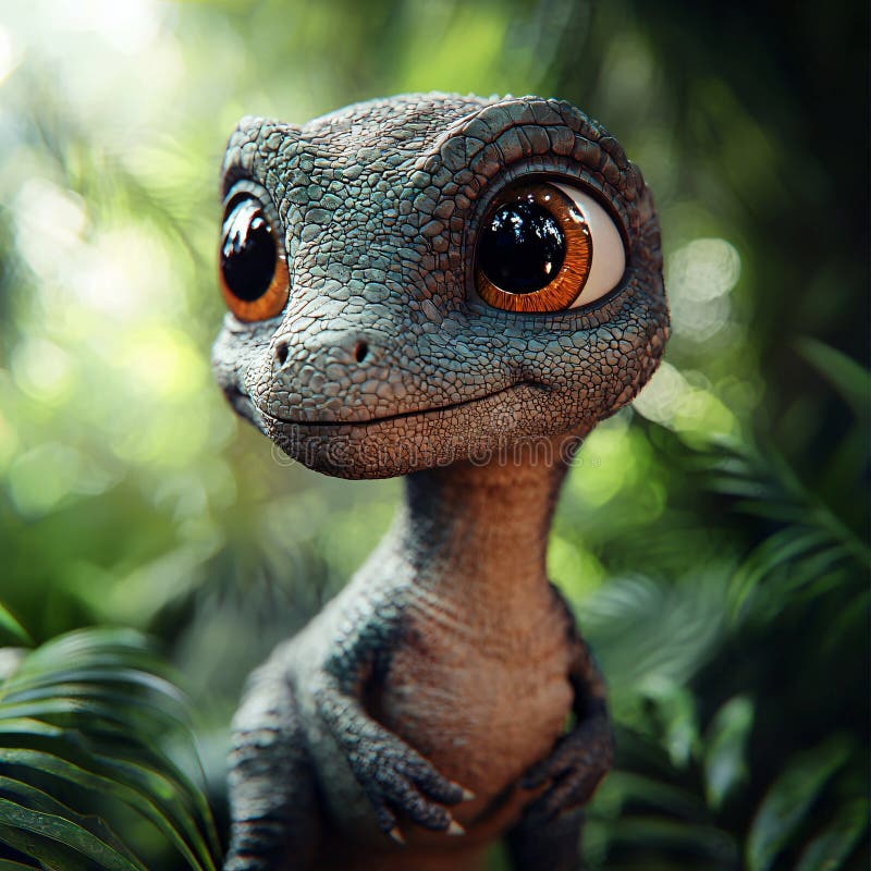 Adorabil Baby Dinozaur în Lush Jungle Cute Cartoon Reptile 3D Redare AI generat. vector illustration